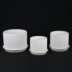 3-Piece White Stoneware Planter Pot Set with Ribbed Texture