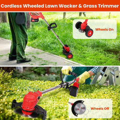 3-in-1 Electric Cordless Grass Wacker Battery Powered Grass Trimmer with Wheels Adjustable Head with 2-Pieces 2500mAh Batteries