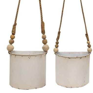 Set of 2 Shabby Chic Half Round Planters With Jute Hangers