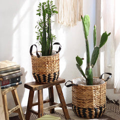Two-Tone Basket Planter with Leather Handles